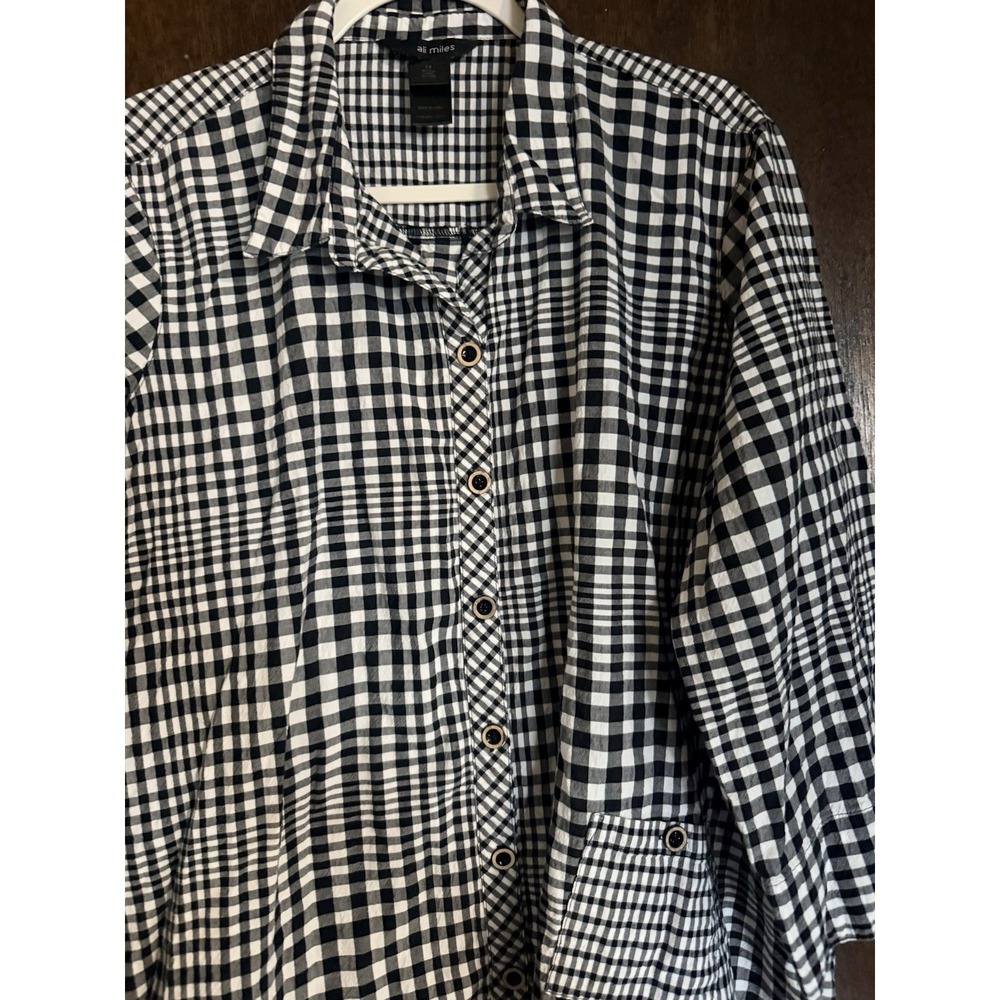 Ali Miles Womens 1X Black White Gingham Check Button Up Shirt Cotton Bohemian - Picture 4 of 7